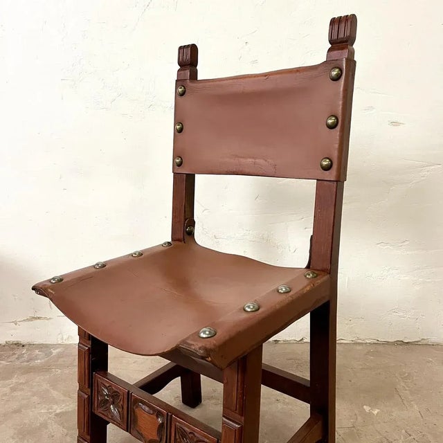 Spanish Chair in Leather and Carved Wood, 1950s For Sale - Image 10 of 12