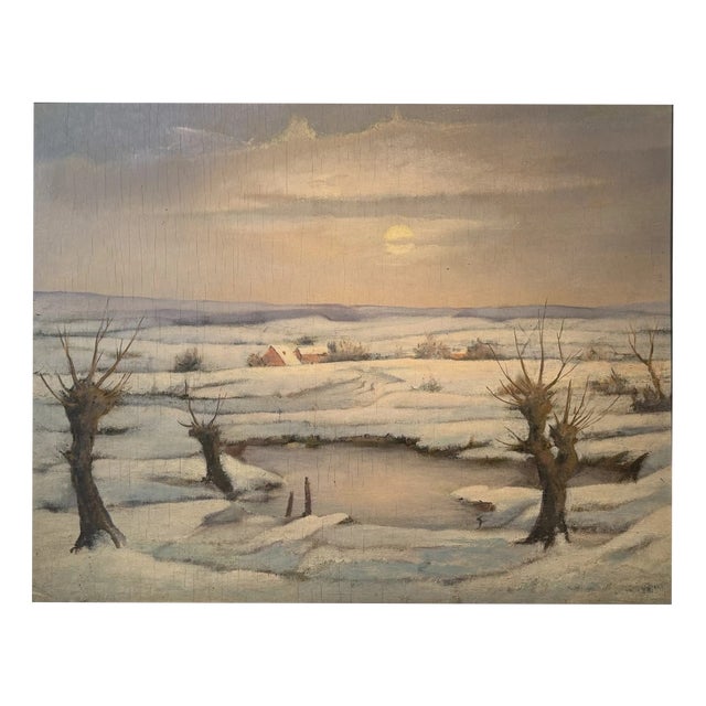 Karl Mons, Schwalm, Winter Landscape with Pollarded Willows, Snow, Ice and Evening Sun, Oil Painting on Canvas For Sale