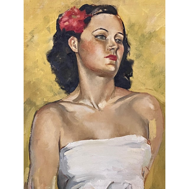 Dramatic, bright portrait in oil on canvas, measuring 25" x 30" unframed. The canvas is undated and is marked "Daring" on...
