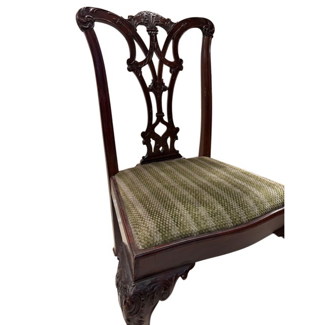 Brown Mid 20th Century Set of 12 English Chippendale Style Mahogany Dining Chairs With Ball & Claw Feet – 2 Armchairs and 10 Side Chairs For Sale - Image 8 of 10