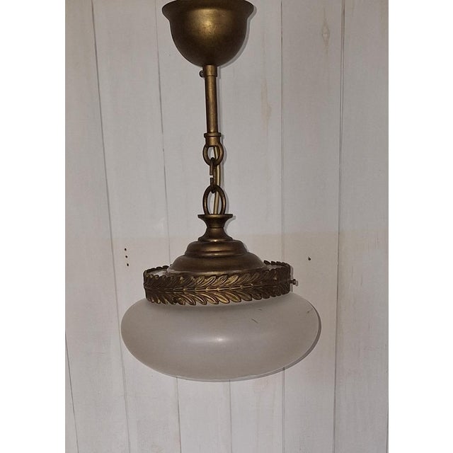 Metal French Pendant Lamp with Metal Mounting and Decorated Glass Shade, 1930s For Sale - Image 7 of 7