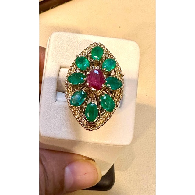 2 Ct Natural Emerald, 1 Oval Ruby Cocktail Marquise Shape Ring 14 Kt Yellow Gold For Sale - Image 12 of 18