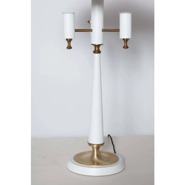 1950s Gerald Thurston White Triple Candlestick Lamp With Black & White Stripe Shade For Sale - Image 6 of 11