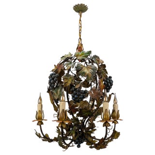 Italian Polychrome Metal Grapes, Vines and Autumn Color Leaves Chandelier, 1950s For Sale