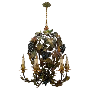 Italian Polychrome Metal Grapes, Vines and Autumn Color Leaves Chandelier, 1950s