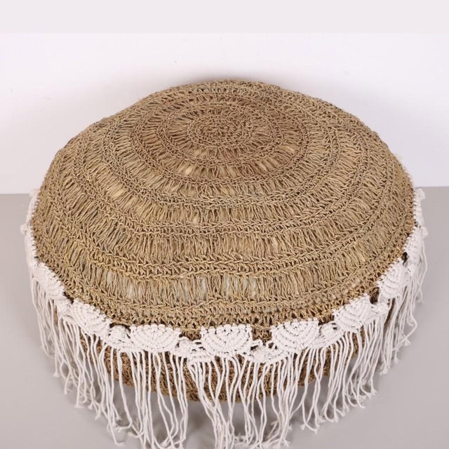 Raffia Macrame Fringed Pouf For Sale - Image 6 of 6