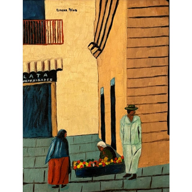 A midcentury Mexican oil on board painting of a street scene with figures. Signed Banna Prise. Framed in wood. Please see...
