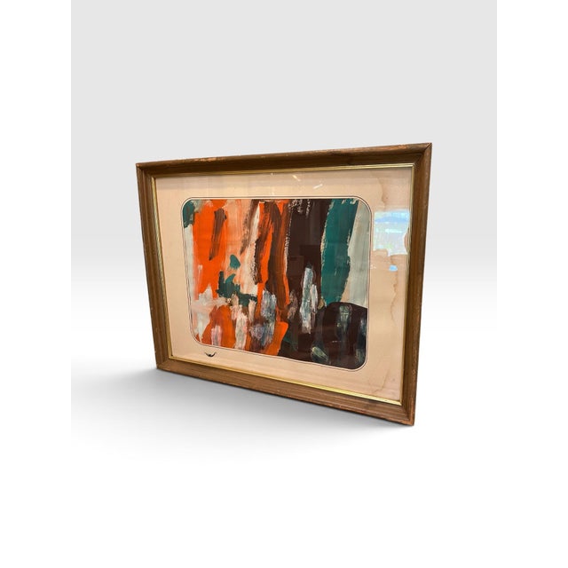 Vintage Abstract Expressionist Painting in Orange, Teal & Brown, Framed For Sale - Image 4 of 6