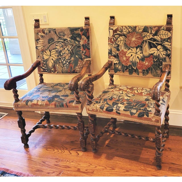 Antique Flemish Baroque Arm Chairs With 17th C Tapestry Upholstery - a Pair For Sale - Image 13 of 13
