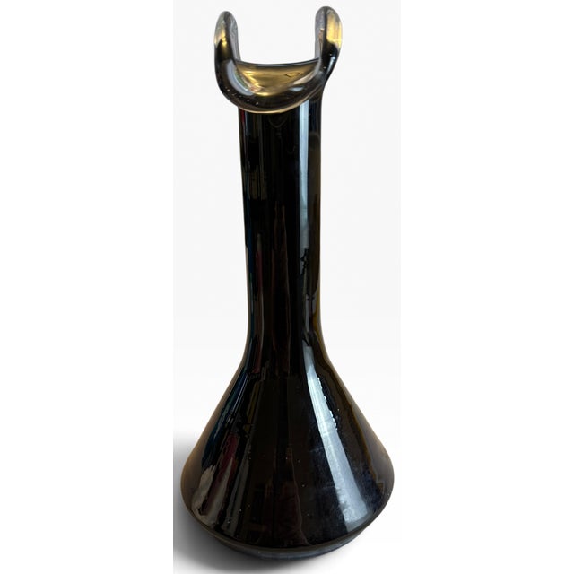Mid-Century Modern Vintage Murano Style Black Amethyst Sommerso Art Glass Saddle Rim Chimney Vase For Sale - Image 3 of 6