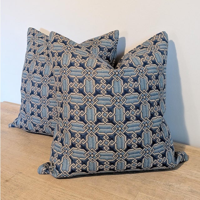 Clarence House Vietri Blue on Linen Pillows- Double Sided Pair For Sale In Greensboro - Image 6 of 9