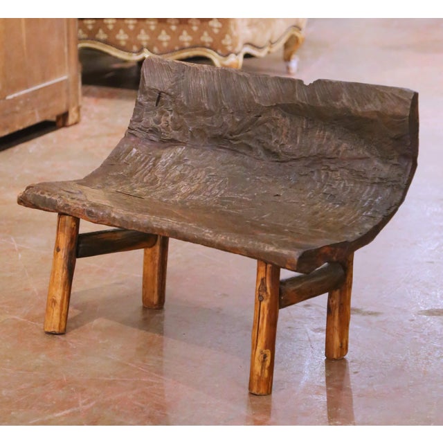 Early 20th Century French Rustic Hand-Carved Oak Bench From the Alps For Sale - Image 4 of 9