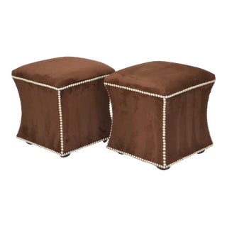 Owners Select Custom Suede Upholstered Ottomans with Tack Buttons - a Pair For Sale