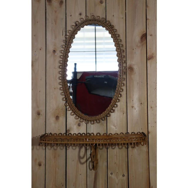 Mirror with Rattan Side Table in the style of Franco Albini, 1950, Set of 2 For Sale - Image 3 of 12