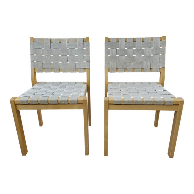 Pair of Jens Risom Style Cotton Canvas Webbed and Maple Chairs For Sale