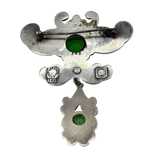 1950s 1950s Silver Los Castillo Statement Brooch with Ornate Drop and Chrysoprase Stones For Sale - Image 5 of 6
