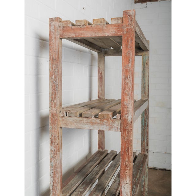 Farmhouse Vintage Wooden Open Shelving Unit With Slatted Shelves and Weathered Patina For Sale - Image 3 of 5