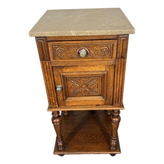 Antique French Carved Oak Bedside Table with Marble Top For Sale