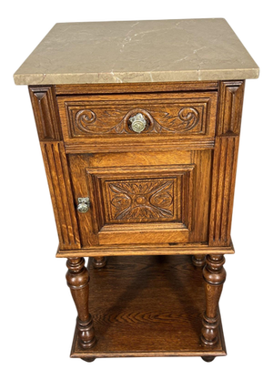 Antique French Carved Oak Bedside Table with Marble Top