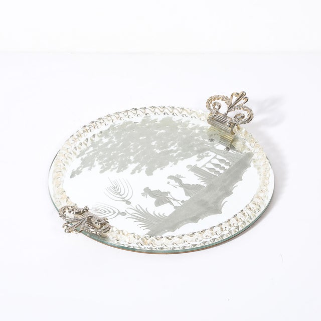 1940s Classical Reversed Etched Mirrored Tray W/ Pastoral Scene & Twisted Glass Border For Sale - Image 5 of 14