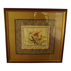 Vintage Chinese Embroidered Silk Panel Textile Wall Art Flowers Butterfly Framed