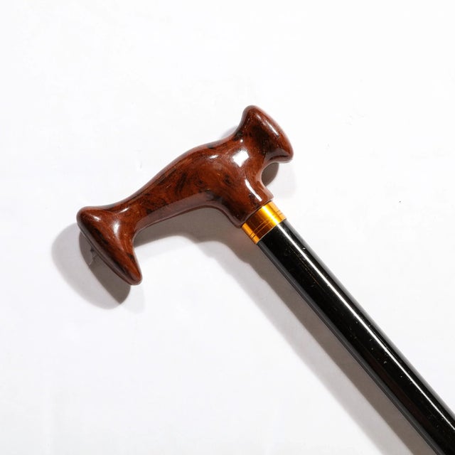 Mid-Century Modern Walking Stick W/ Faux Burled Wood Handle and Black Enameled Body For Sale - Image 3 of 8