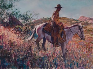Taking Our Time by Jeff Slemons | Gouache On Watercolor Paper Cowboy on horseback in a colorful landscape.