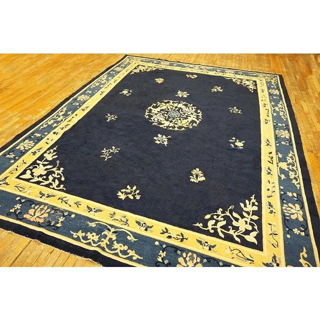 1920s Blue Navy Medallion Antique Chinese Peking Carpet 9'2" X 11'8" Knotted Wool Rug For Sale - Image 4 of 12