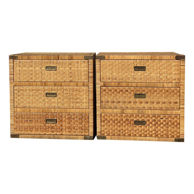 Vintage Wicker Rattan Pair of Chest of Drawers Dressers With Brass Campaign Style Hardware For Sale