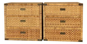 Vintage Wicker Rattan Pair of Chest of Drawers Dressers With Brass Campaign Style Hardware