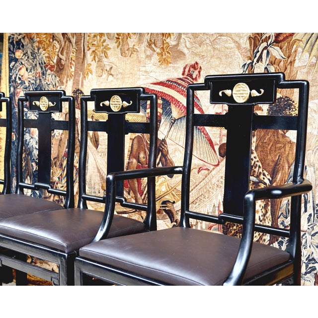 Early 20th Century Early 20th Century Black Lacquer Chinese Influence Charcoal Leather Dining Chairs- Set of 4 For Sale - Image 5 of 13
