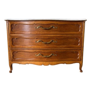 1960s Vintage French Provincial Louis XV Style Walnut & White Marble Top Three-Drawer Commode For Sale