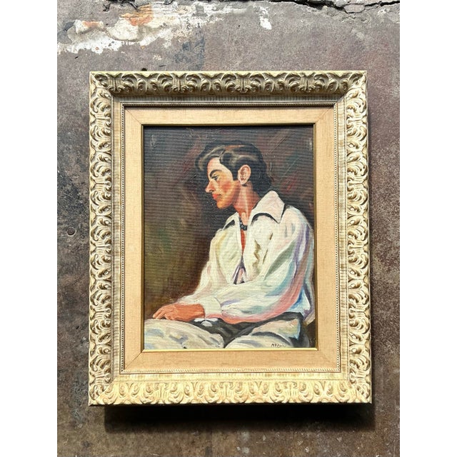White Vintage Boho Spanish Original Oil Portrait of Man For Sale - Image 8 of 12