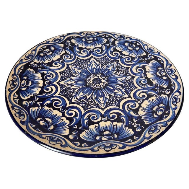 Large Italian Ceramic Serving Platter with Blue Floral & Botanical Motifs, 1970s For Sale - Image 14 of 14