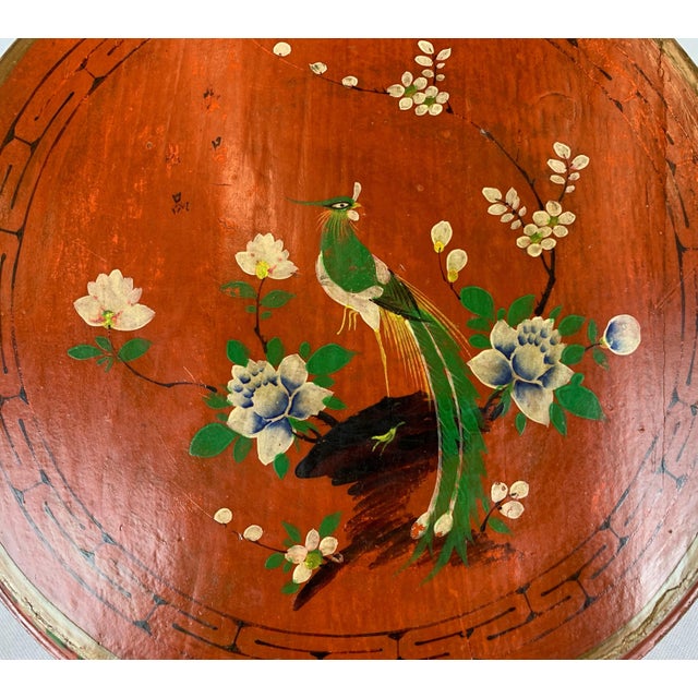 Chinese Round Hand Decorated Red Lacquered Wedding Box With Cover For Sale - Image 10 of 11