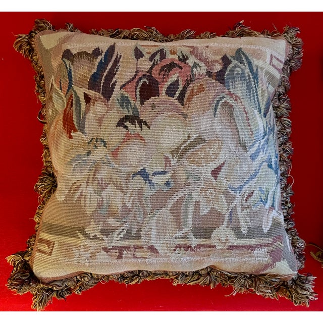 Antique 19th Century French Aubusson Tapestry Pillows With Passementerie Fringe Trim - A Pair For Sale - Image 9 of 12