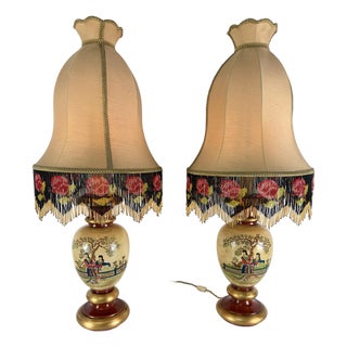 Large Vintage Oriental Satsuma Style Table Lamps, 1950s, Set of 2 For Sale