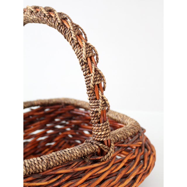 Brown Vintage Woven Willow Basket With Wrapped Arched Handle For Sale - Image 8 of 14