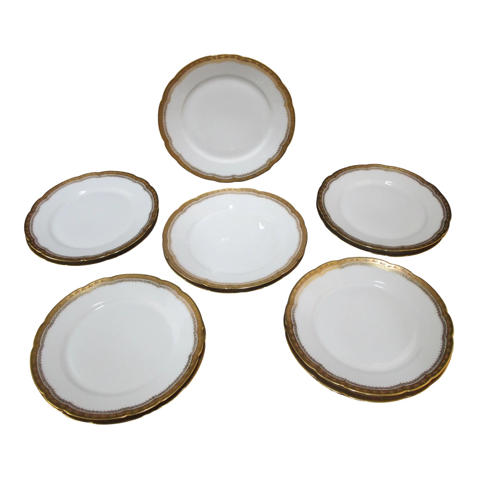 Limoges France J Pouyat Gold Rim Pink Garland Scalloped 8.5" Plate Set