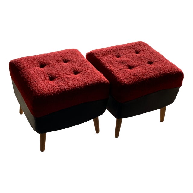 Set of Mid-Century Stools or Ottomans in Red and Black, 1950s For Sale