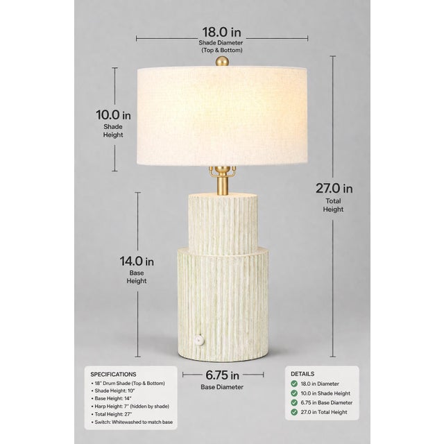 Late 20th Century Mid 20th Century Coastal Fluted Column Table Lamp With Whitewashed Finish and 18” Linen Drum Shade, 27” H For Sale - Image 5 of 6
