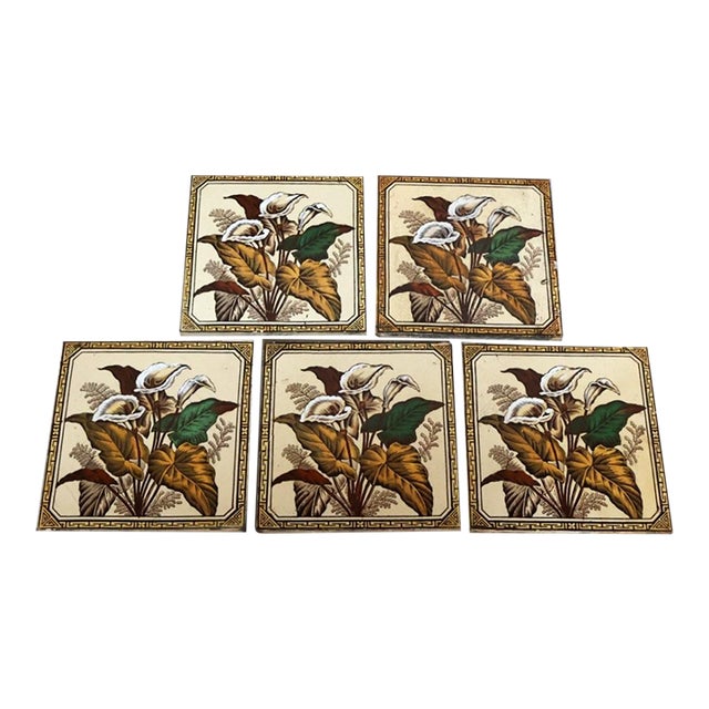 Set of 5 Antique English Victorian Aesthetic Movement Calla Lily Transferware Tiles, Staffordshire, C. 1887 For Sale