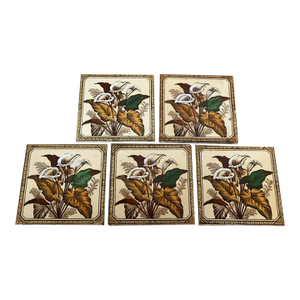 Set of 5 Antique English Victorian Aesthetic Movement Calla Lily Transferware Tiles, Staffordshire, C. 1887