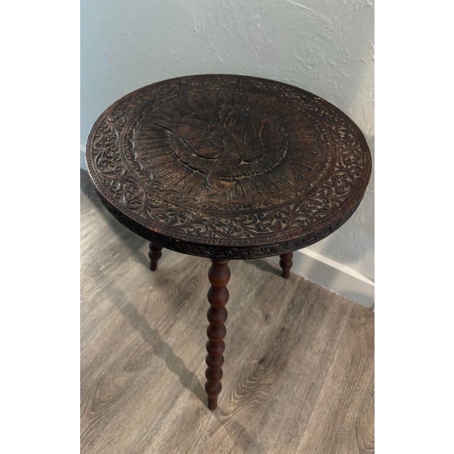 English Antique Table With Peacock Engraving For Sale - Image 3 of 6