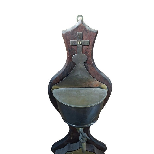 Wood Vintage Wall-Mounted Brass and Wood Washbasin with Cross, 1920 For Sale - Image 7 of 11
