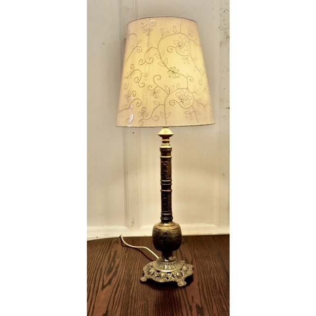 Tall Embossed Brass Table Lamp, 1890s For Sale - Image 9 of 10