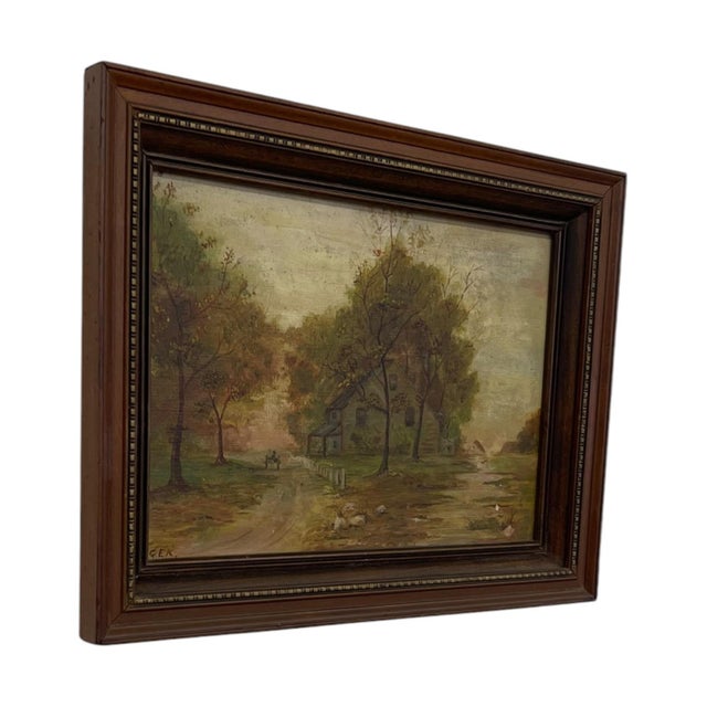 Vintage landscape painting depicting a rural homestead scene with a farmhouse, trees, dirt roadway, and open countryside....