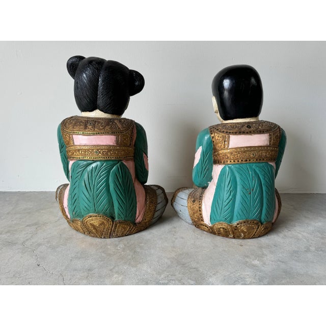 Wood Vintage Asian Hand Carved Wood and Painted Seated Children Sculptures - a Pair For Sale - Image 7 of 12
