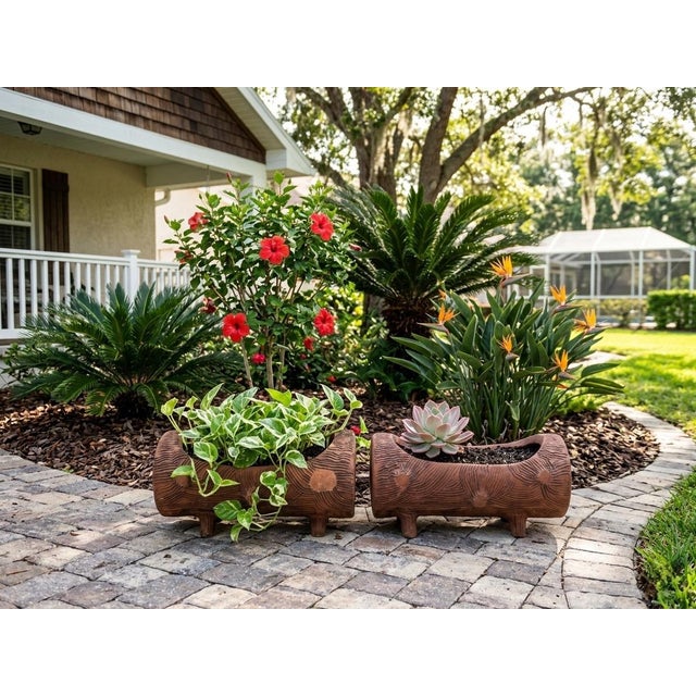 Terra Cotta A Pair of Vintage Faux Bois Terracotta Log Planters For Sale - Image 8 of 9