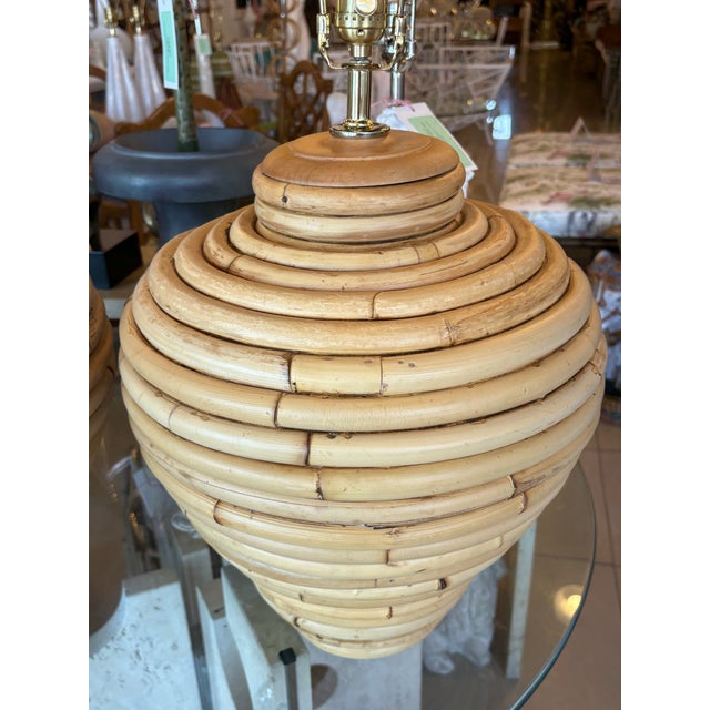 Wood Vintage Palm Beach Coastal Large Rattan Table Lamps Newly Wired - a Pair For Sale - Image 7 of 12